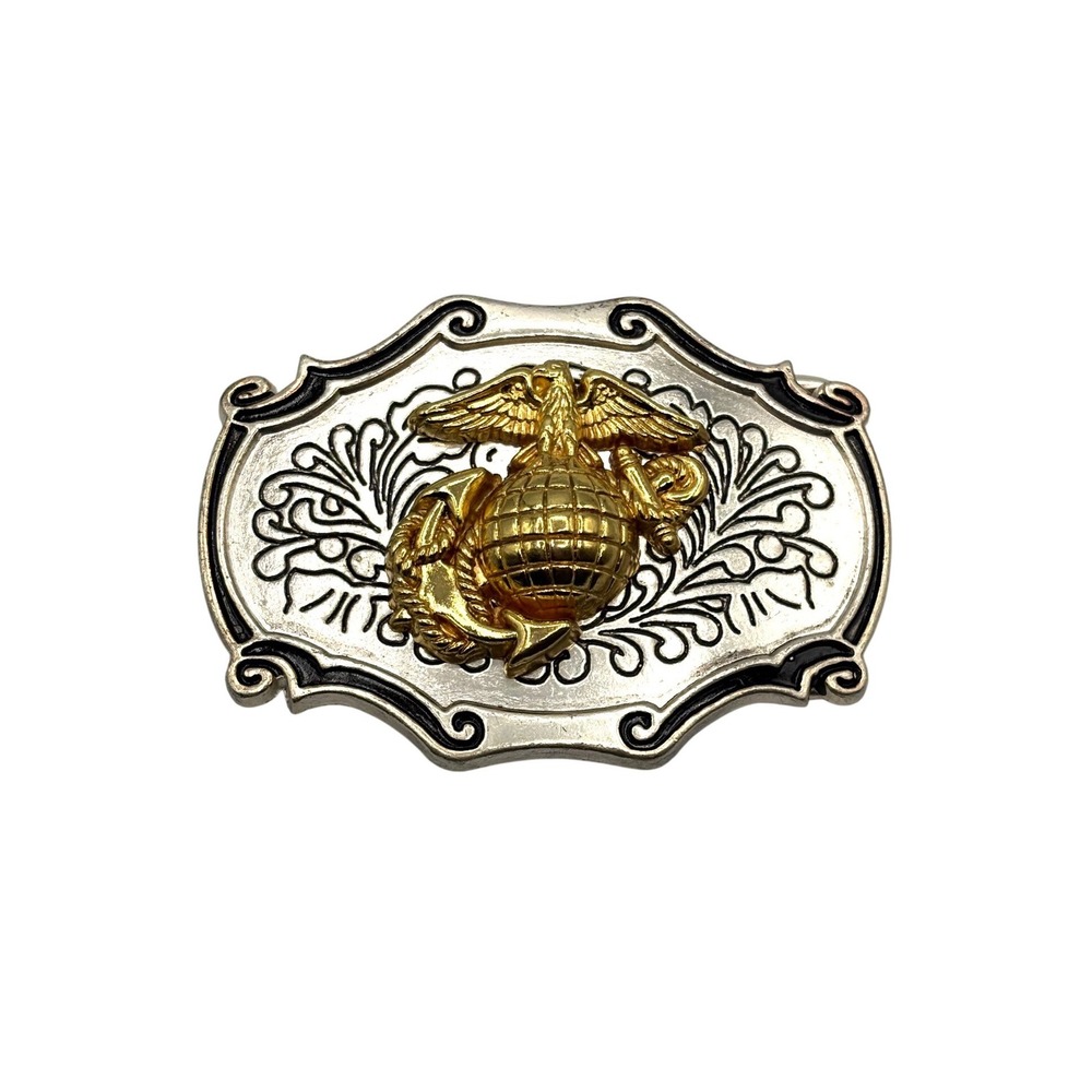 US Marine Corps EGA Belt Buckle Gold Silver Tone Western Scroll USMC Military